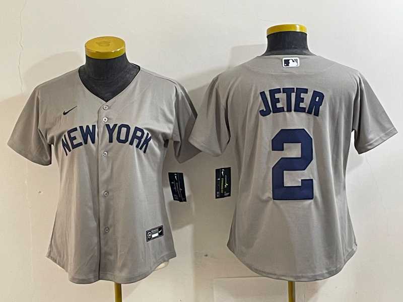 Womens New York Yankees #2 Derek Jeter Name 2021 Grey Field of Dreams Cool Base Stitched Jersey->mlb womens jerseys->MLB Jersey